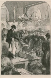Een visveiling in Columbia Market, Londen