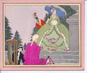 Een handgekleurde Franse Pochoir Kerstkaart van een gepoederde man die uit een draagstoel stapt en wordt begroet door een dame in een met hermelijnbont gevoerde jas met haar zwarte dienaar, circa 1920