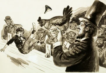 Een goochelaar produceert een kip op het podium