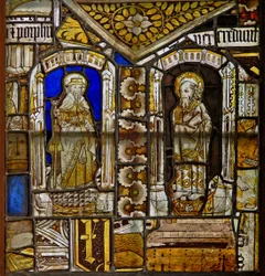 Een paneel in het oostelijke raam met Sint Jacobus en Sint Paulus met de Gromwell-wiet erboven