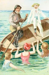 Een matroos roeit een boot terwijl baders aan de zijkant van de boot trekken
