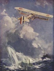 Een watervliegtuig dat een onderzeeër bombardeert