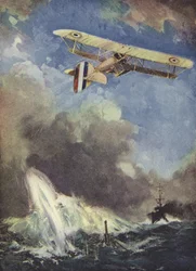 Een watervliegtuig dat een onderzeeër bombardeert