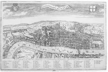 Een uitzicht op Londen rond het jaar 1560 (gravure)