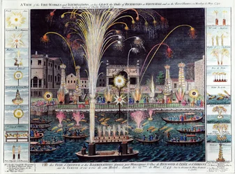 Een uitzicht op het vuurwerk en de verlichting bij de hertog van Richmond in White-hall en op de rivier de Theems, op maandag 15 mei 1749