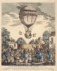 Gezicht op de ballon van Mr. Sadler die samen met hem en kapitein Paget van de Royal Navy opstijgt vanuit de tuinen van de Mermaid Tavern in Hackney op maandag 12 augustus.