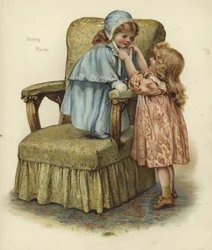 Een jong meisje staat op het kussen van een fauteuil