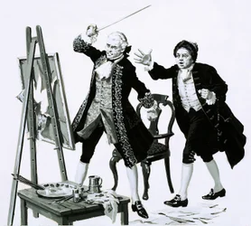 Een jonge man sneed een onvleiend portret van zijn vader door Hogarth met een zwaard