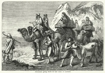 Abraham op weg naar het land Kanaän (gravure)