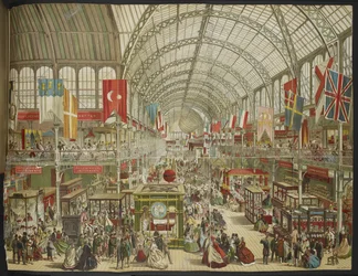 De Grote Tentoonstelling in Crystal Palace, met de vlaggen van verschillende naties