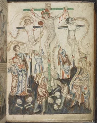 Add. 47682, f.32, De Kruisiging, uit Holkham Bijbel Prentenboek, c.1320-30