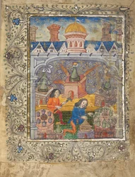Zeven ovens met distilleerkolven, bediend door twee mannen, onder een dak met een koepel en schoorstenen, ca. 1477