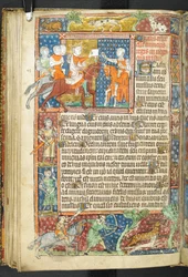 Add MS 47680, f.40v, Koning (Alexander) en Aristoteles die een brief aan een boodschapper overhandigen, uit Secretum Secretorum