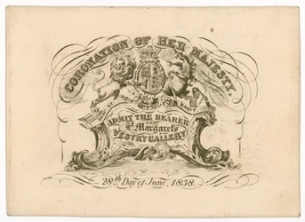 Toegangskaart tot St Margarets Vestry Gallery, voor de kroning van koningin Victoria, 28 juni 1838, voorzijde