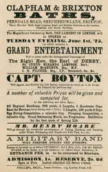 Advertentie voor Clapham en Brixton Baths, Ferndale Road, Shepherds Lane, Brixton, Londen; met Captain Boyton