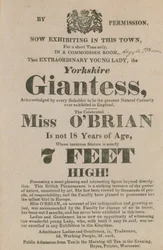 Advertentie voor een optreden van Miss OBrian, de Yorkshire Reuzin