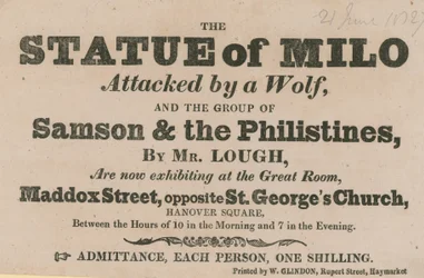 Advertentie voor een tentoonstelling van het Standbeeld van Milo aangevallen door een Wolf