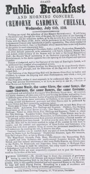 Advertentie voor groot openbaar ontbijt en ochtendconcert, Cremorne Gardens, Chelsea