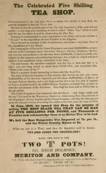 Advertentie voor de Beroemde Vijf Shilling Theewinkel, Meriton en Company