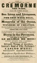 Advertentie voor het optreden van zeeleeuwen en leeuwinnen in Cremorne Gardens, Londen in 1848