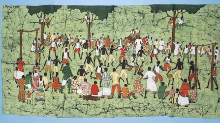 Afrikaanse batik, die een voetbalwedstrijd illustreert met toeschouwers die kijken