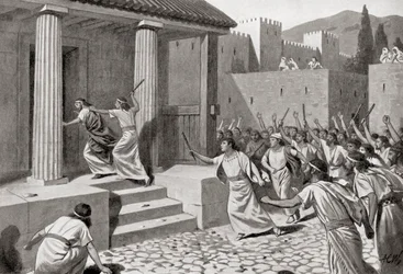 Alcander, een jonge man uit Sparta, valt Lycurgus aan, uit Hutchinson
