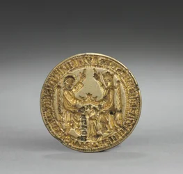 Amandelvormig zegel: Kroning van de Maagd met een knielende monnik, 1300-1400