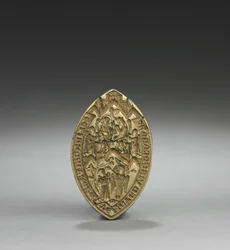 Amandelvormig zegel: Kroning van de Maagd met een knielende monnik, 1300s
