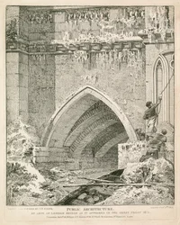 Een boog van de oude London Bridge zoals het verscheen in de Grote Vorst, 1814