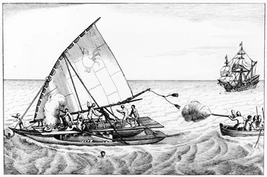 Een incident tijdens de wereldomzeiling van Le Maire en Schouten in 1615-16, uit Volume II van Chronological History of the Voyages and Discoveries in the South Sea
