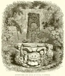 Oude idool en altaar in Copan, Guatemala