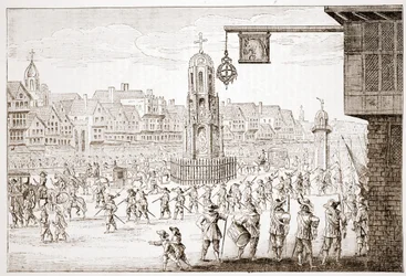 Oude weergave van Cheapside, uit La Serres Entree de la Revne Mere du Roy, met de processie van Maria de