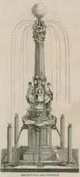 Oude zonnewijzer en fontein, opgericht in 1656 op Leadenhall Corner, Londen