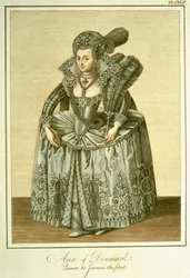 Anna van Denemarken (1574-1619) vrouw van Jacobus I, illustratie uit The Complete View of the Dress and Habits of the People of England Volume II, gepubliceerd 1799