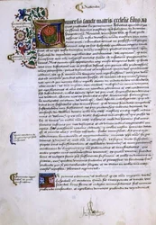 Pagina met tekst en verlichte initiaal, uit het Stichtingenboek van Robert Sherborne of Shirburn (ca. 1450-1536) Bisschop van Chichester