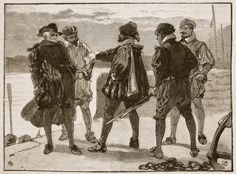 Arrestatie van Sir Walter Raleigh, illustratie uit Cassells Geïllustreerde Geschiedenis van Engeland