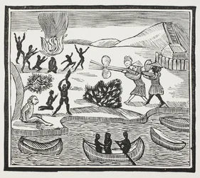 Aankomst van wilden met christelijke gevangene, illustratie uit Chap-books van de achttiende eeuw door John Ashton, uitgegeven 1882