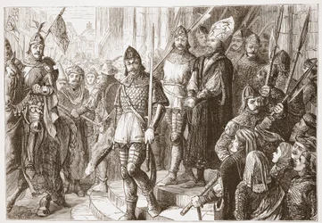 Toen ze hem uit de kerk leidden... begon hij te zingen, Credo in Unum Deum, illustratie uit De Geschiedenis van het Protestantisme door James Aitken Wylie, 1878
