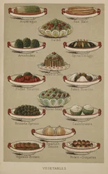 Assortiment schotels met groenten, uit 