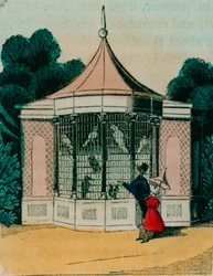 Volière voor papegaaien en kaketoes in de dierentuin van Londen. 1840s
