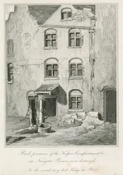 Achterkant van de Bewaardersafdeling in Newgate Gevangenis. Op de tweede verdieping stierf de dichter Richard Savage