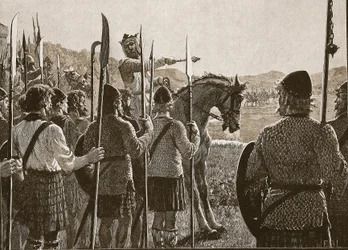 Bannockburn: Bruce inspecteert zijn troepen voor de slag, illustratie uit Cassells Geïllustreerde Geschiedenis van Engeland