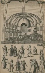 Baptistenbijeenkomst in kerk, en blindemannetje