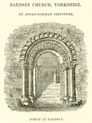 Bardsey Kerk, Yorkshire, een Anglo-Normandische structuur, portiek in Bardsey