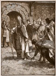 Becket voor zijn vijanden in de raadszaal in Northampton, illustratie uit Cassells Illustrated History of England