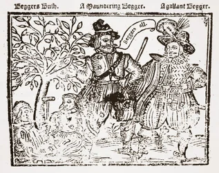 Beggars All: Beggars Bush, een zwervende bedelaar en een galante bedelaar, titelpagina van The Praise, Antiquity and Commodity of Beggary, Beggars and Begging