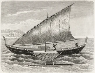 Boot van de Mortlock-eilanden, met drijver en zeil van rietmatten, uit 