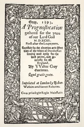Rand met de wereldbol aan de voet, een voorspelling door Walter Gray, gedrukt door Watkins en Roberts, 1593