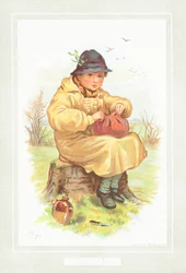 Jongen staat op het punt om te lunchen op het platteland, Kerstkaart