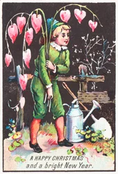 Jongen draagt Gebroken Hart bloemen, Kerstkaart